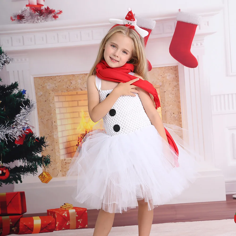 Girls Snowman Costume with Scarf and Hat Headband White Tutu Dress Christmas Dress Up Clothes Gifts