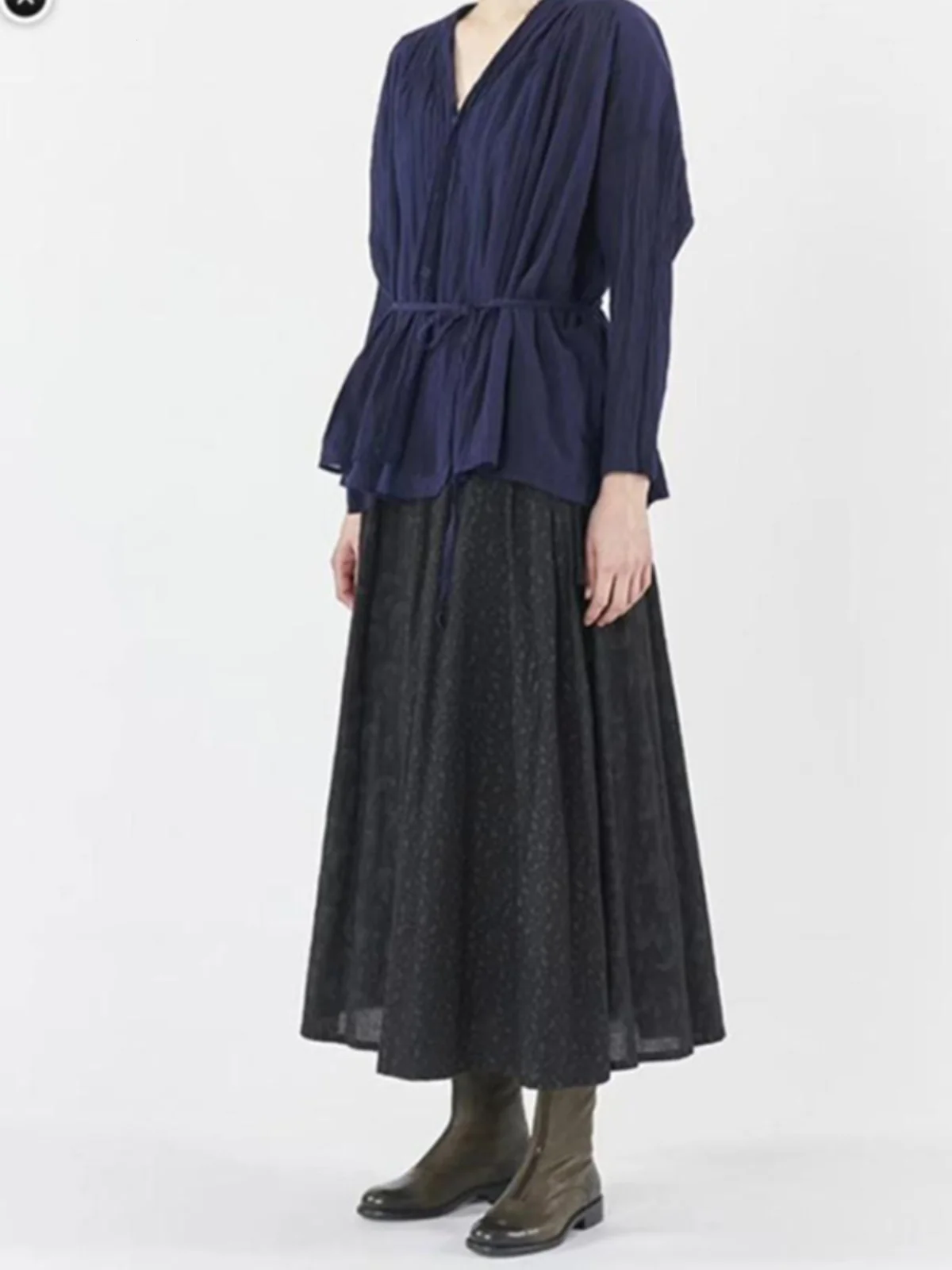 

l Pleated Loose Long Sve irt Women's V-Ne Thin Top Spring Faion Commute Sle Cotton 00% Belted Waist in