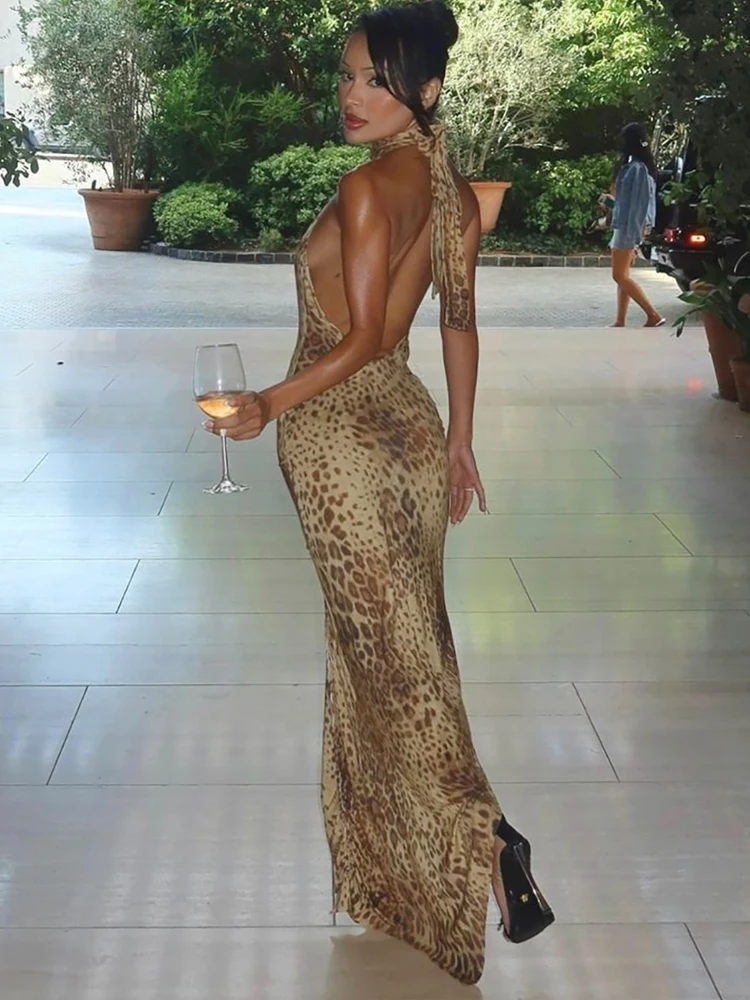 Dziwaczny kot wzór w cętki sukienka kobiety Hollow warkocz lato Halter seksowny Backless nieregularny patchworkowy brzeg Slim Vintage bal Bodycon