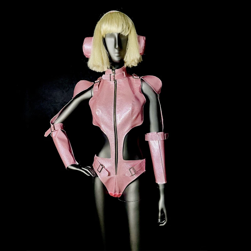 Pink Laser Leather Cutout Bodysuit One Piece Nightclub Bar Women Dancer Singer Sexy Stage Performance Dance Costume