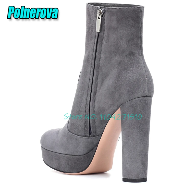 Gray Suede Thick High Heel Short Boots Autumn Winter Sexy Pointed Toe Platform Zipper Ankle Boots Trendy Versatile Women's Shoes