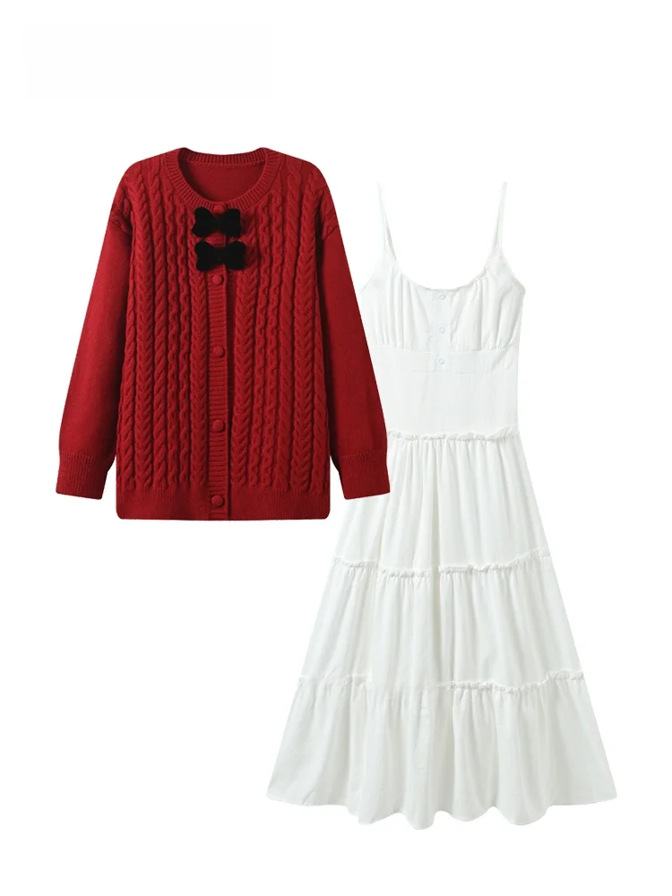 

plus Size Knitted Sweater And Strap Dr Women's Autumn Winter Faion plus Size Sister Whole Set Long Sve round Ne Dr