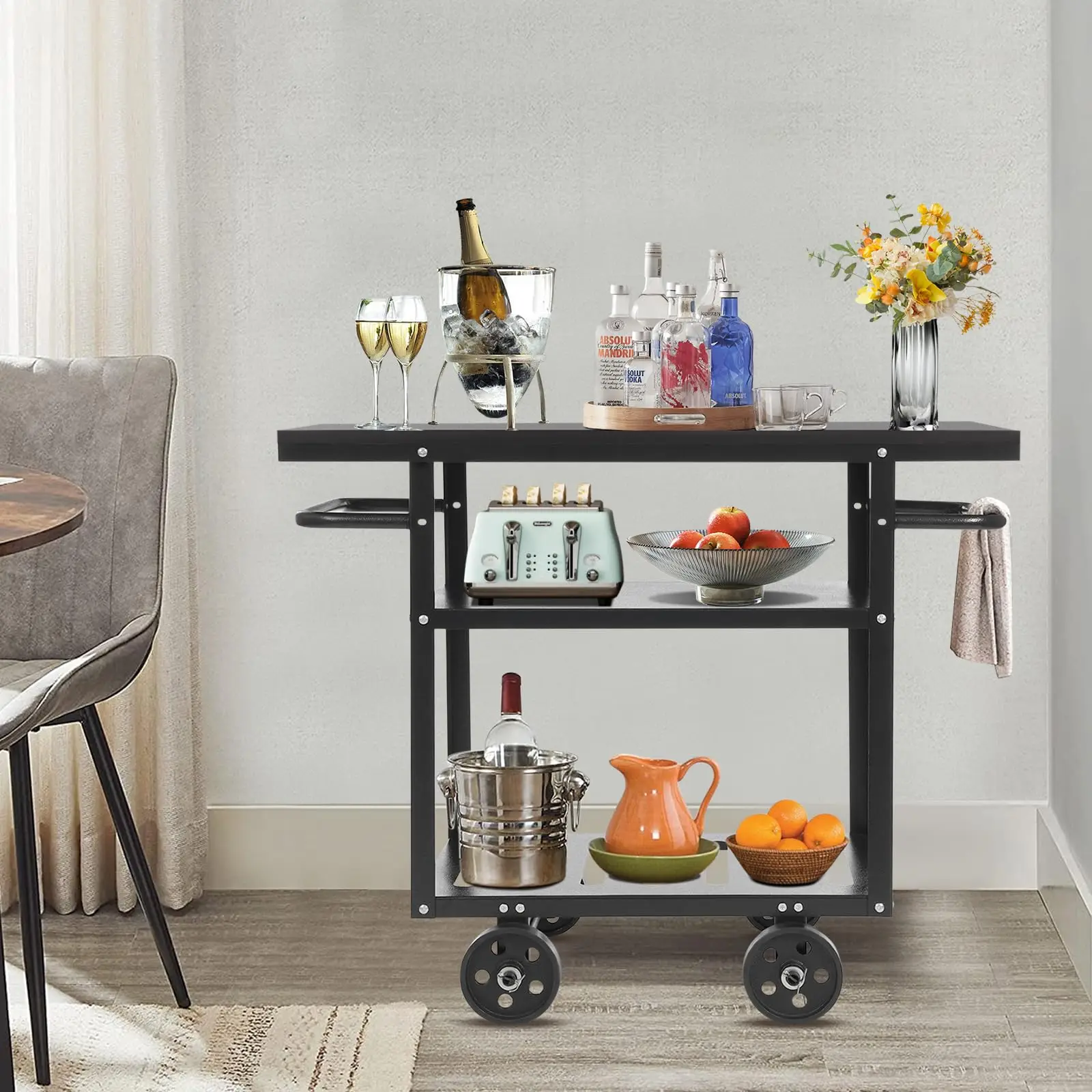 3-х уровневая винтажная тележка на колесиках, промышленная мобильная сервировочная тележка, кофейная станция с ручкой (черный)