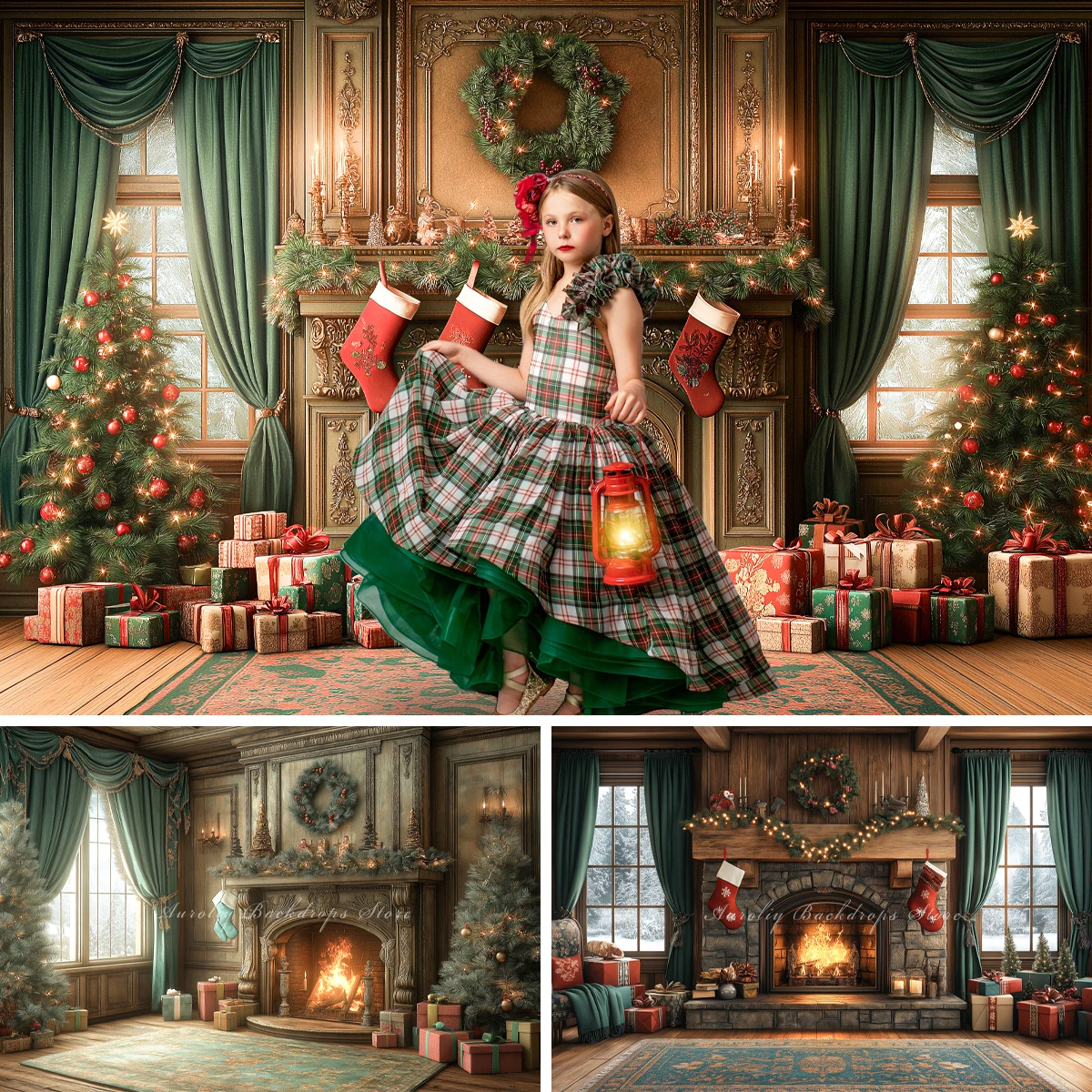 

Christmas Fireplace Backgrounds Kids Adult Photography Props Child Baby Green Interior Decors Photo Studio Xmas Tree Backdrops