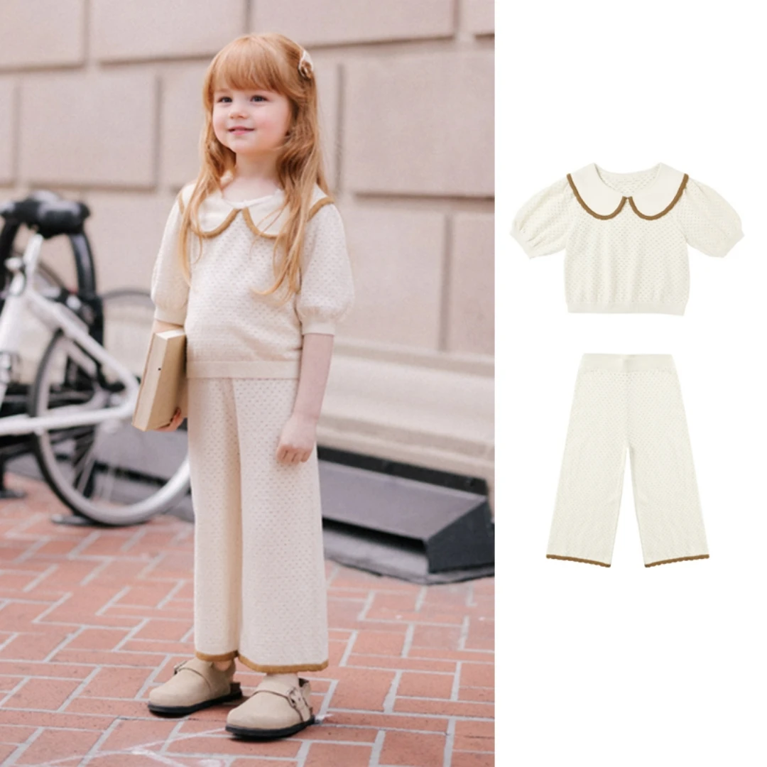 

Новинка 2026: Весенне-летний комплект для девочек — вязаные рубашки с воротником-стойкой и брюки. Детская одежда: топ и низ.