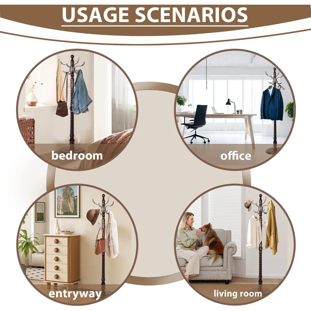 رف معطف قائم بذاته مع 14 خطافًا، تصميم من خشب البتولا الطبيعي، قاعدة مستديرة قوية مستوحاة من الأشجار