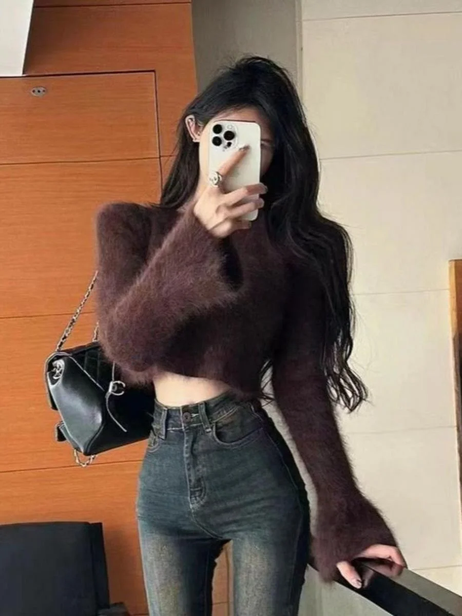 

Bla High Waist ort Knitted Sweater Women's Autumn Faion Lazy Sle Bell Sve Small Knitwear Top Commute Sle Slim Fit