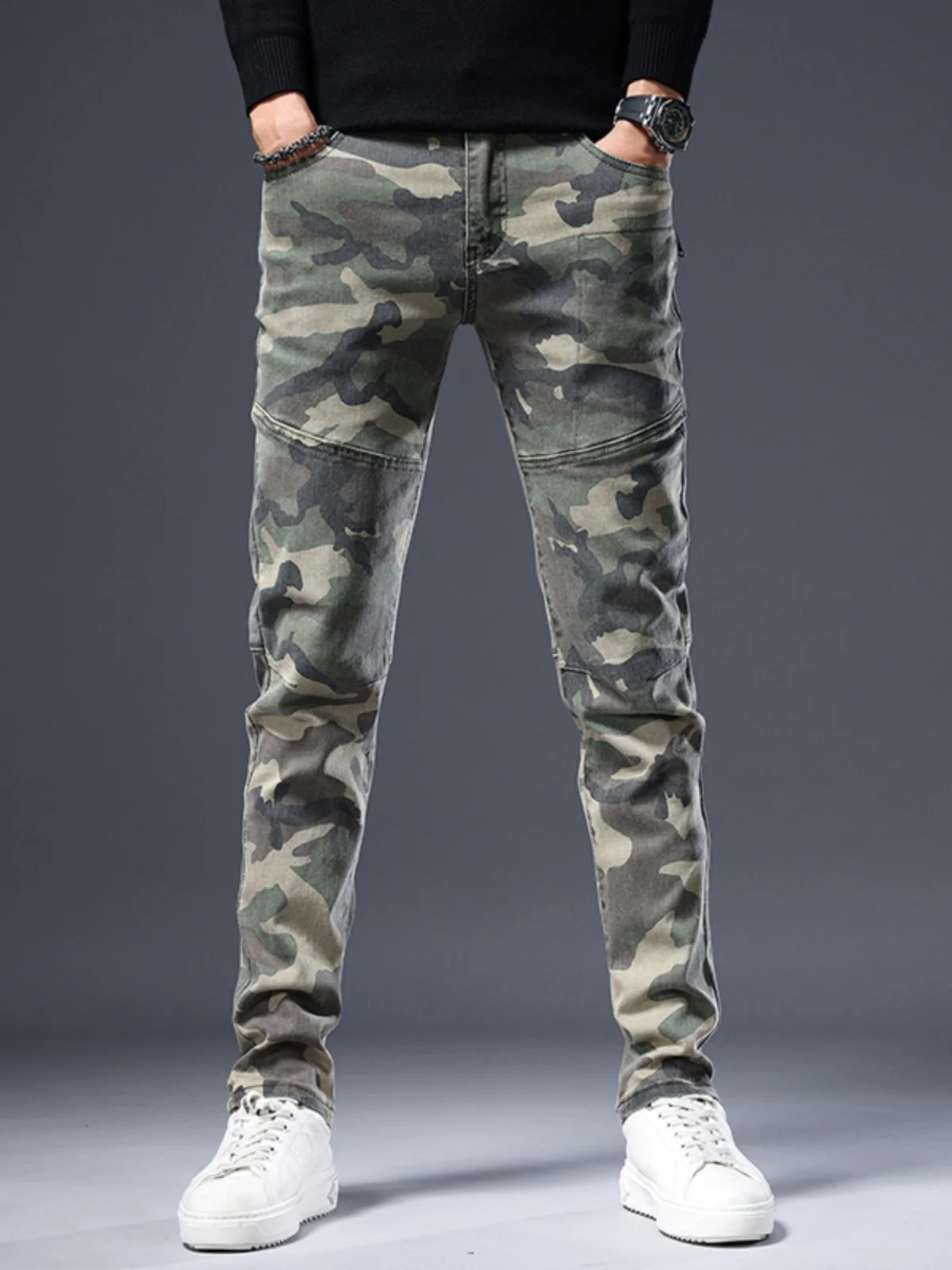 

Camouflage Slim Fit Straight Leg Stretch Denim Jeans Men's Casual Workwear Korean Trendy Long Trousers Autumn Season