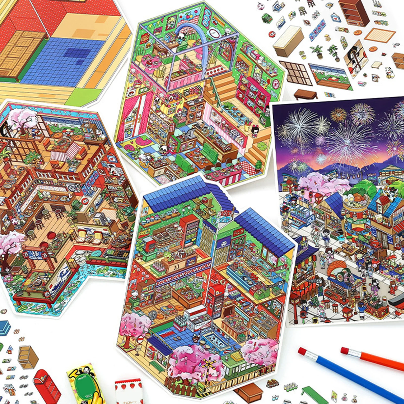 

2.5D Miniature Stickers Cute Japanese Scene Relief Fun Decal for Students 3D Cartoon Sensory Sticker Sheets DIY Craft Sticker