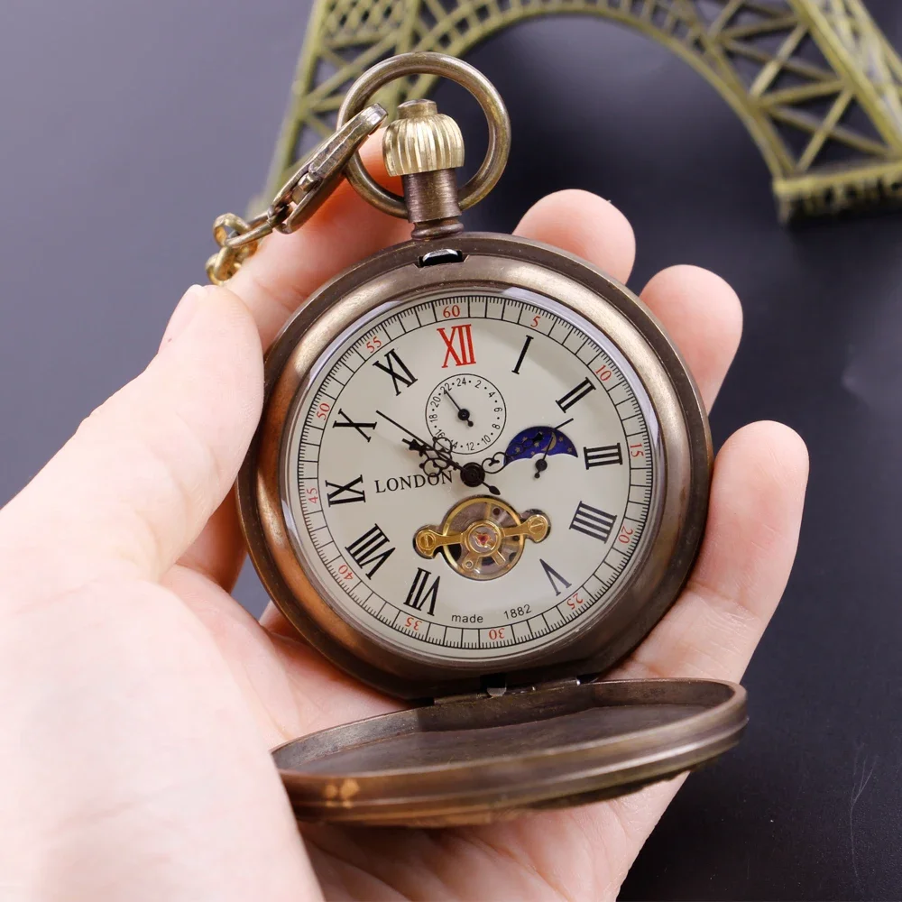 New Retro Train Carving Mechanical Pocket Watch Fashion Necklace Steampunk Men's and Women's Open Case Hand Wind Fob Watch