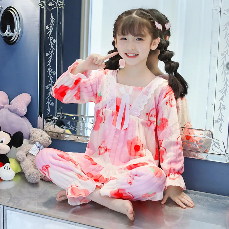 Children Sleepwear Fall Winter Flannel Girl Warm Clothes Suit Sleepwear Children\'s Pyjamas Nightgown Warm Plush Night Clothes