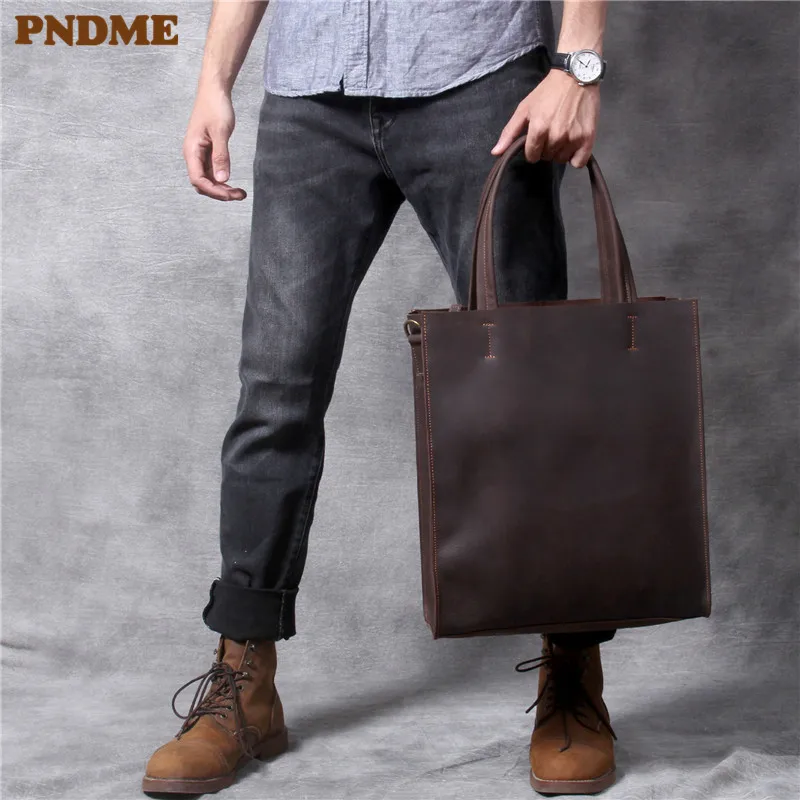 

PNDME Vintage High Quality Crazy Horse Cowhide Men's Tote Bag Simple Handmade Genuine Leather Shopping Shoulder Bag Holdall