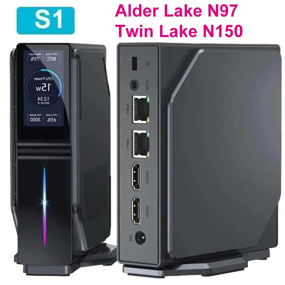 SZBOX S1 كمبيوتر صغير مزدوج Nic مع شاشة LCD ذاتية الصنع Intel Alder Lake N97 Twin Lake N150 كمبيوتر صغير Windows 11 DDR4 3200Mhz NVMe SSD