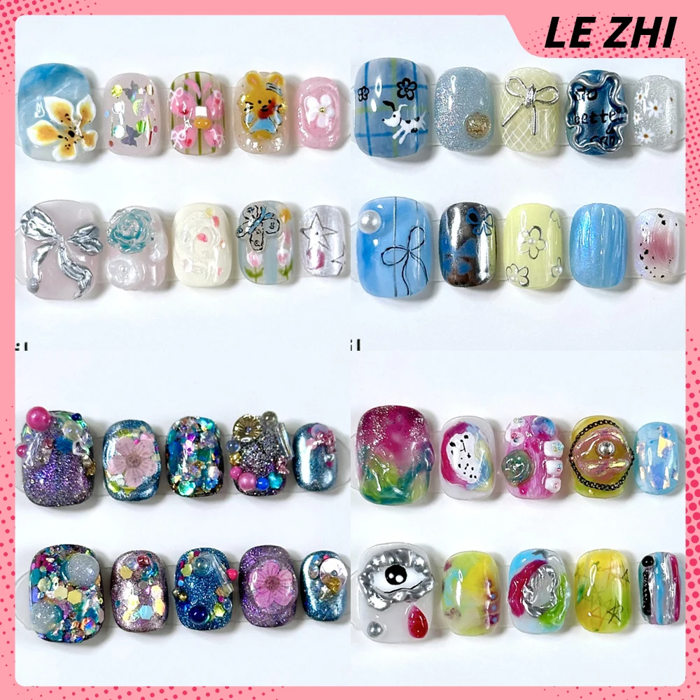 

10Pcs Fashion Colorful Short Square Round Handmade Wearable Manicure Rhinestone Bowknot Flowers Pearl Full Cover False Nail