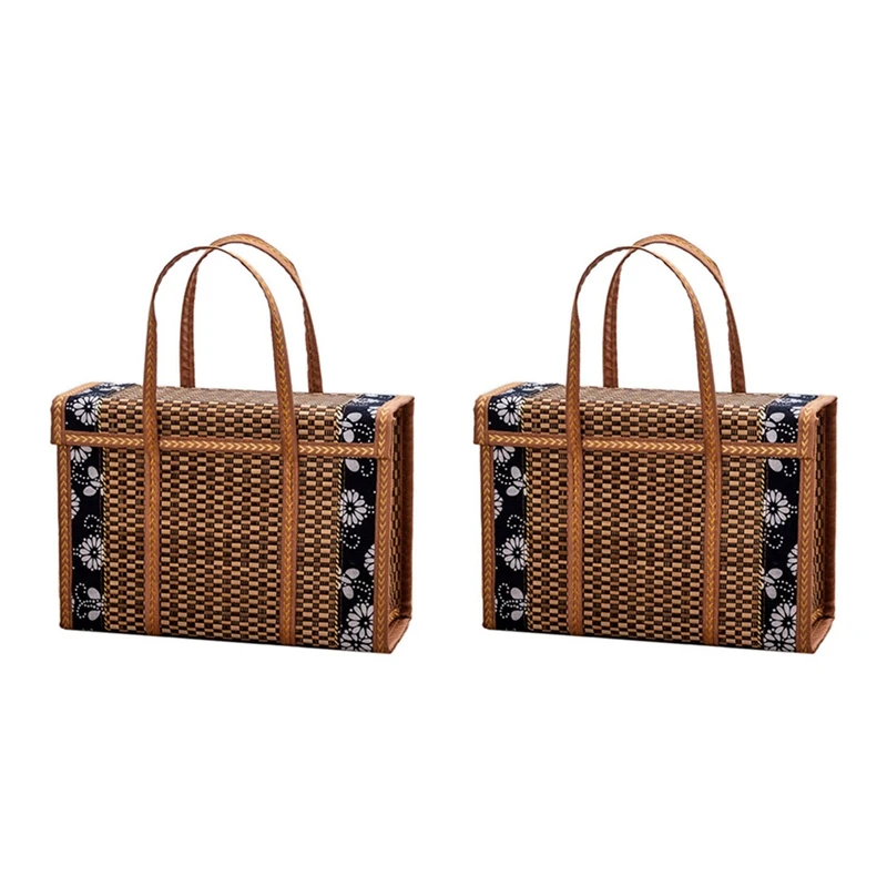 

2X Picnic Woven Basket Wicker Storage Bag Handle Folded Fruit Shopping Food Handle Rattan Grass Foldable Bamboo Basket