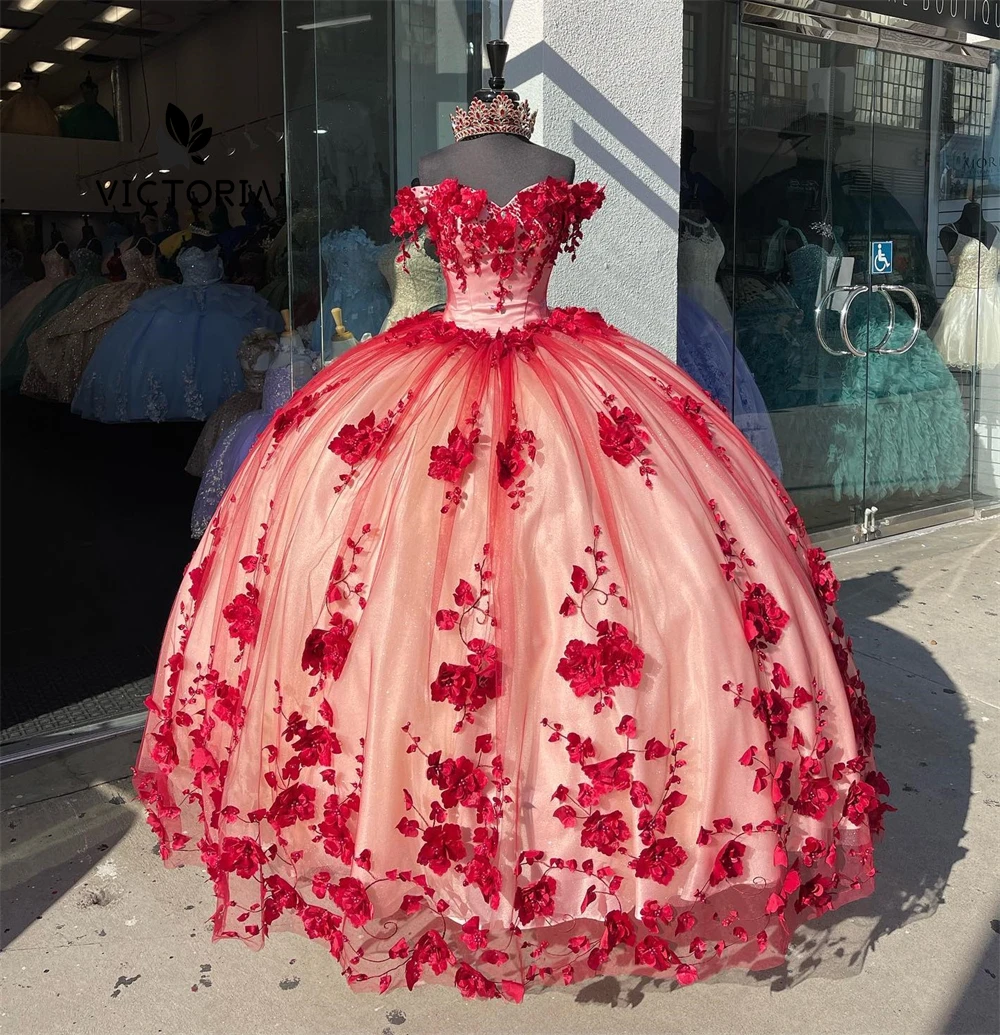 

Luxury Red Pearls 3D Flowers Off The Shoulder Quinceanera Dresses Ball Gown Sweet Sixteen Dress Wedding Gowns vestido de gala