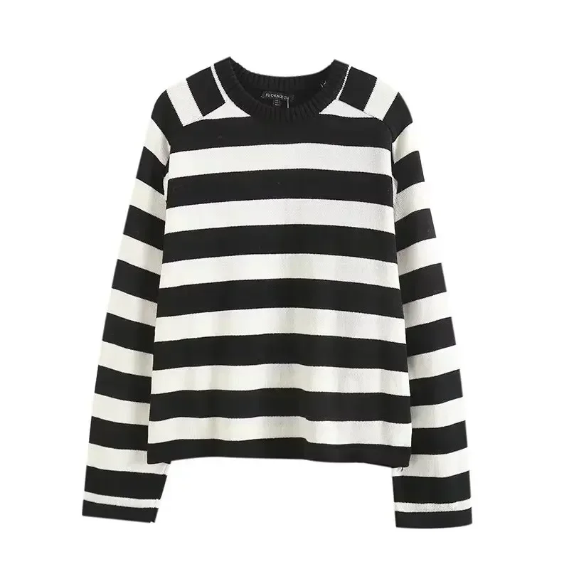 

Women's Autumn 2023 New Fashion Casual Joker Wide Striped Knit Sweater Retro O-neck Long-sleeved Pullover Chic Top.