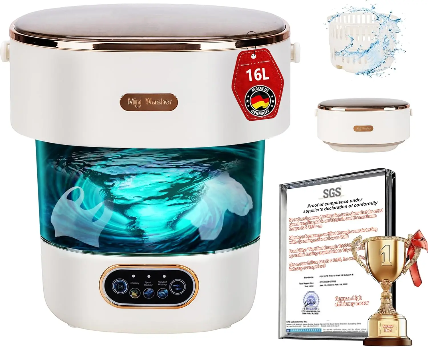 

5.0 New Upgraded 16L Portable Washing Machine, Foldable Design with SGS Certified German Motor & UV-C Cleaning – Ideal for Home,