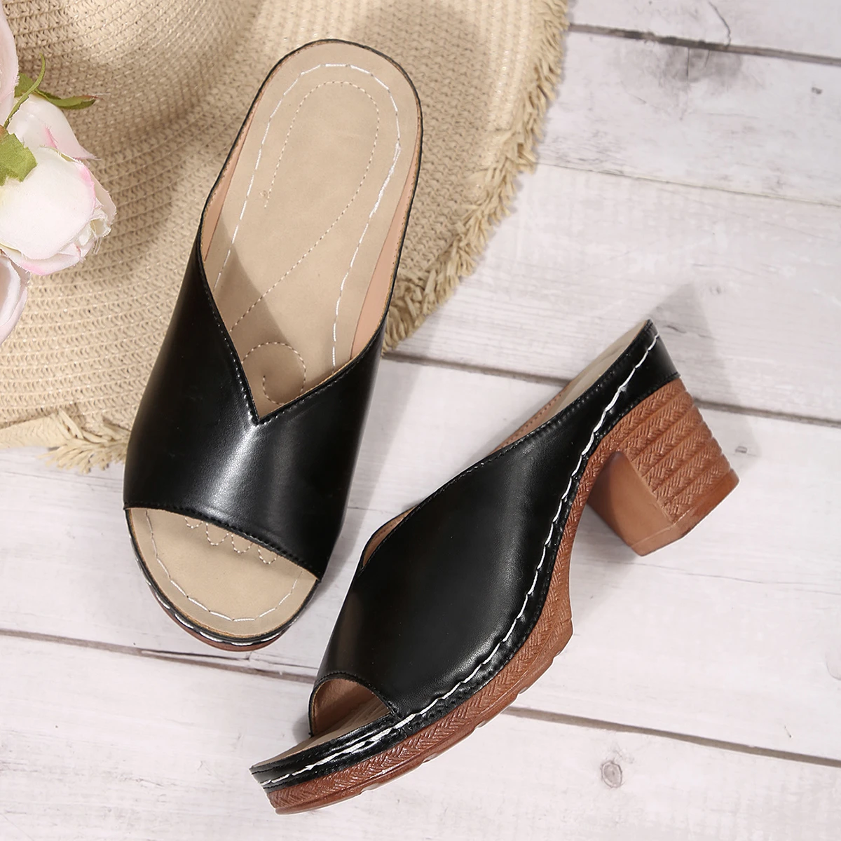 Damen Open-Toe High-Heel Pantoletten – Sommer Neuheit für Outdoor-Tragekomfort – Slip-On Schuhe in den Größen 36-43 mit Polyurethan-Obermaterial und Dämpfung – Detail 9