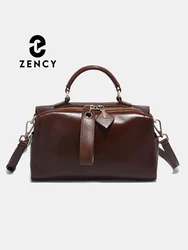 Zency Oil Wax Leather Vintage Green Handbag Women Shoulder Bag Satchel Black Wave Pattern Wide Strap Classic Boston Bag Purse