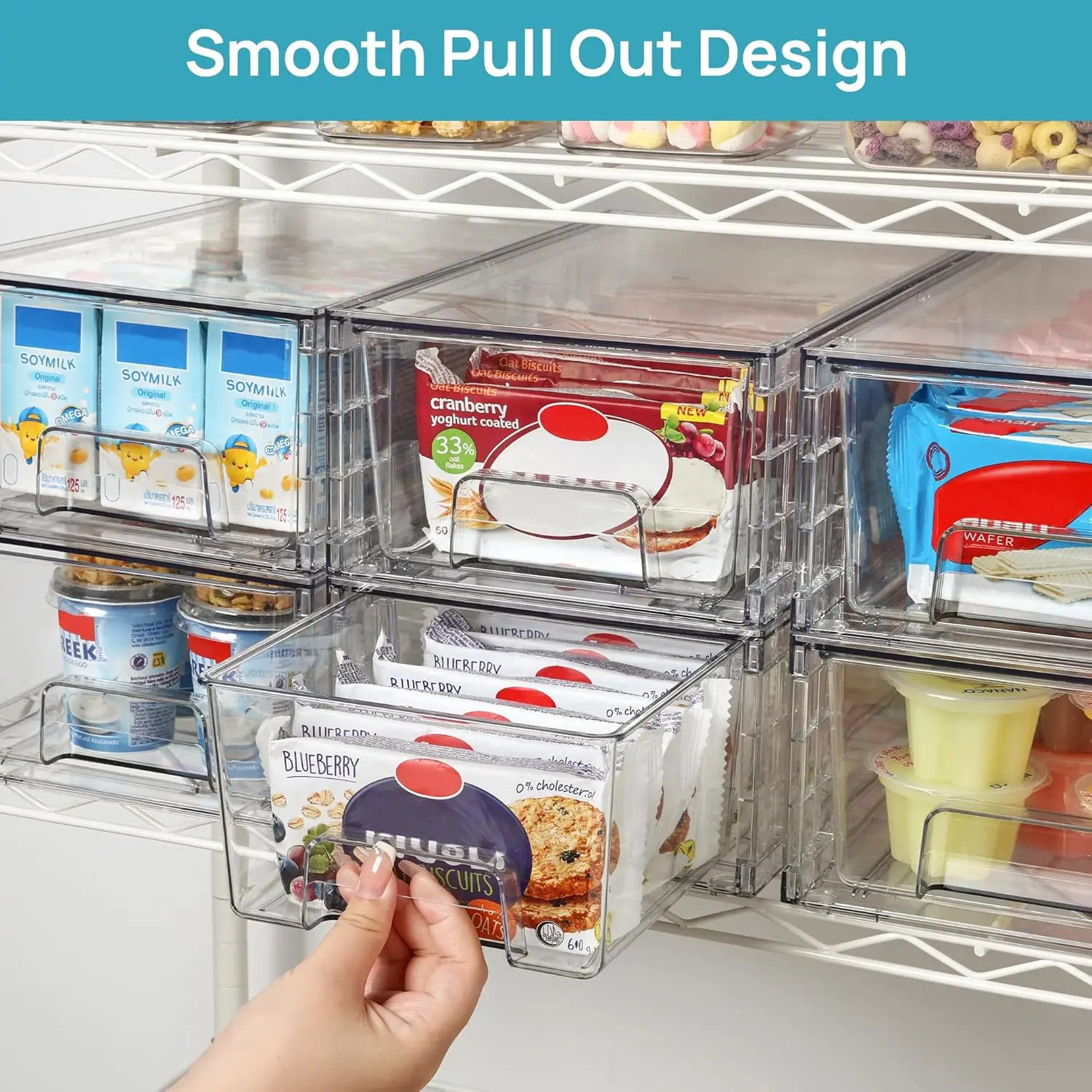 6 Pack Stackable Storage Drawers,Clear Acrylic Drawer Organizers with Handles, Easily Assemble Containers for Fridge