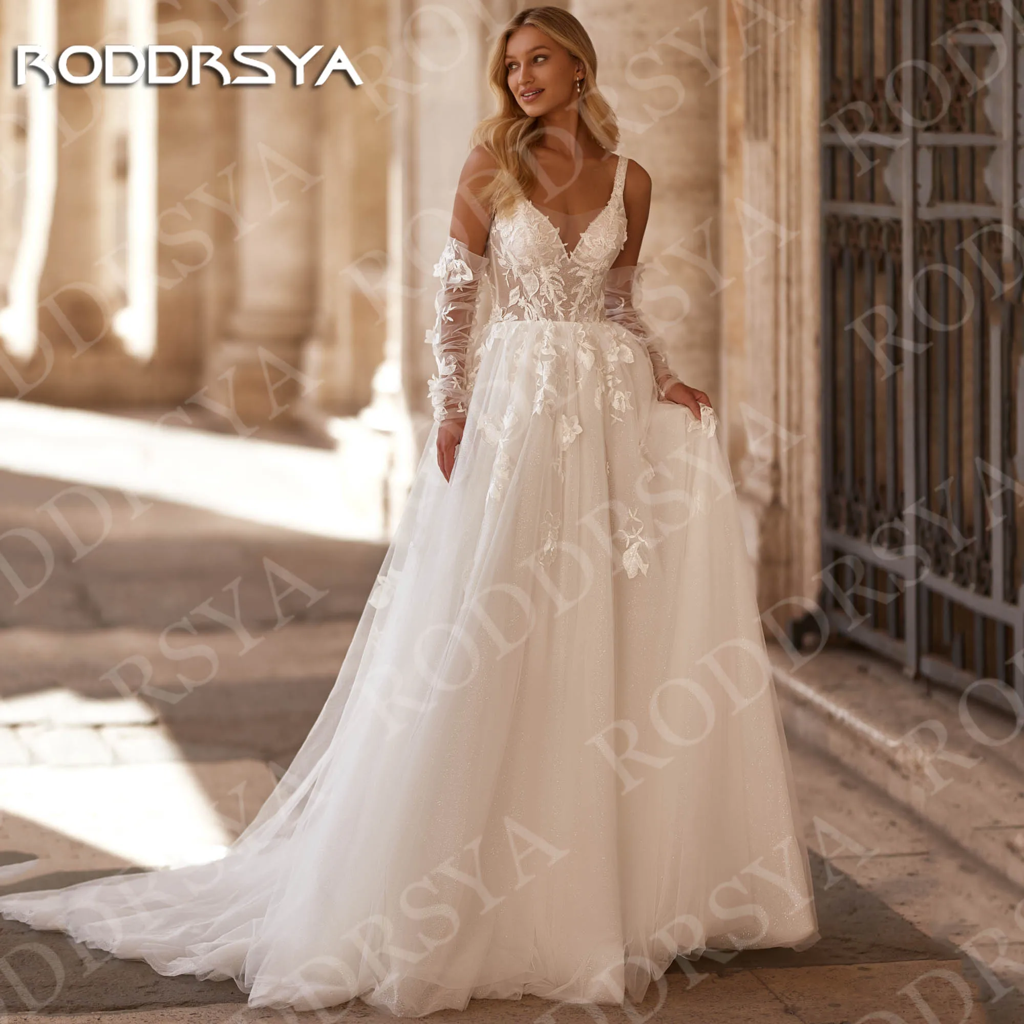 RODDRSYA Elegant V Neck Wedding Dresses Princess A Line Shine Open Back Tulle Long Sleeves Bridal Dress Lace Applique Customized