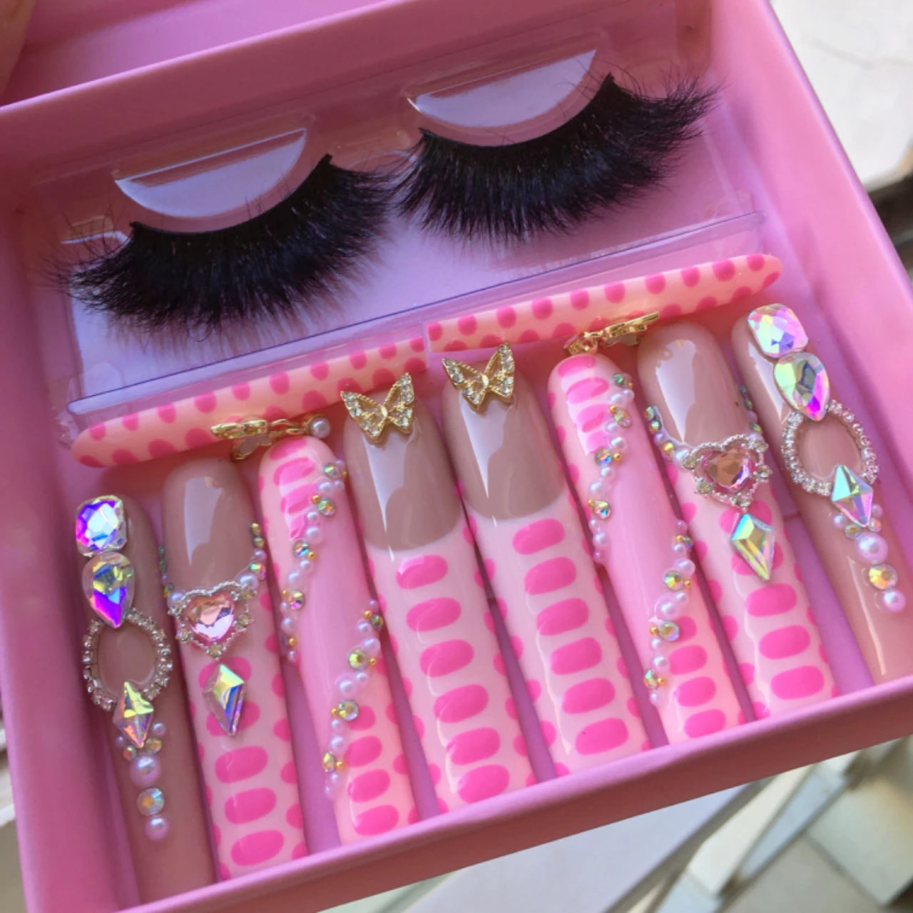 Y2K 긴 관 45MM 네일 아트 풀 커버 네일 팁의 프렌치 프레스 손톱과 밍크 속눈썹 키트의 다이아몬드 럭셔리 세공 프레스