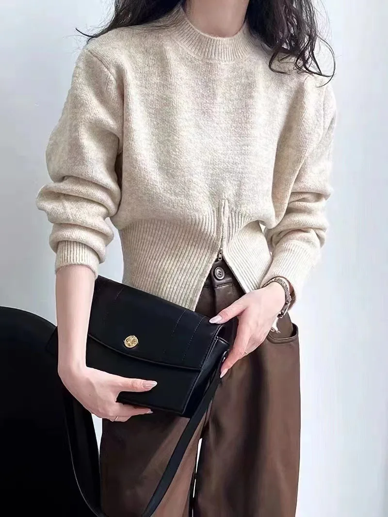 Cinched Waist Sweater for Women Pullovers Long Sleeve Mock Neck Plain Knitted Jumper with Zip Front Trendy Fall Winter Outfit