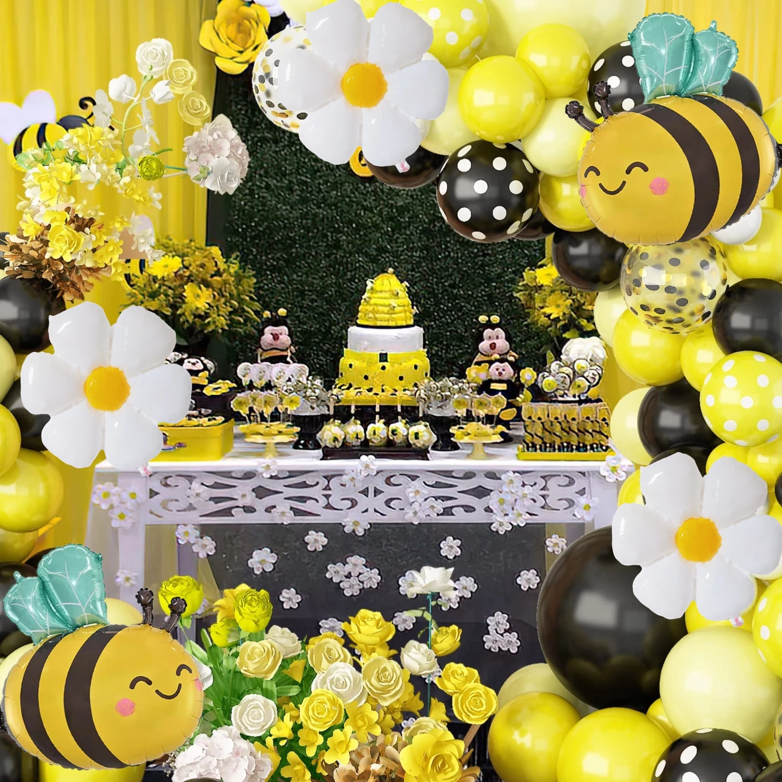 1set Cute Bee Daisy 32 Inch 0-9 Gold Numbers Foil Balloon Garland Kit Kids Toys Birthday Baby Shower Wedding Party Decoration