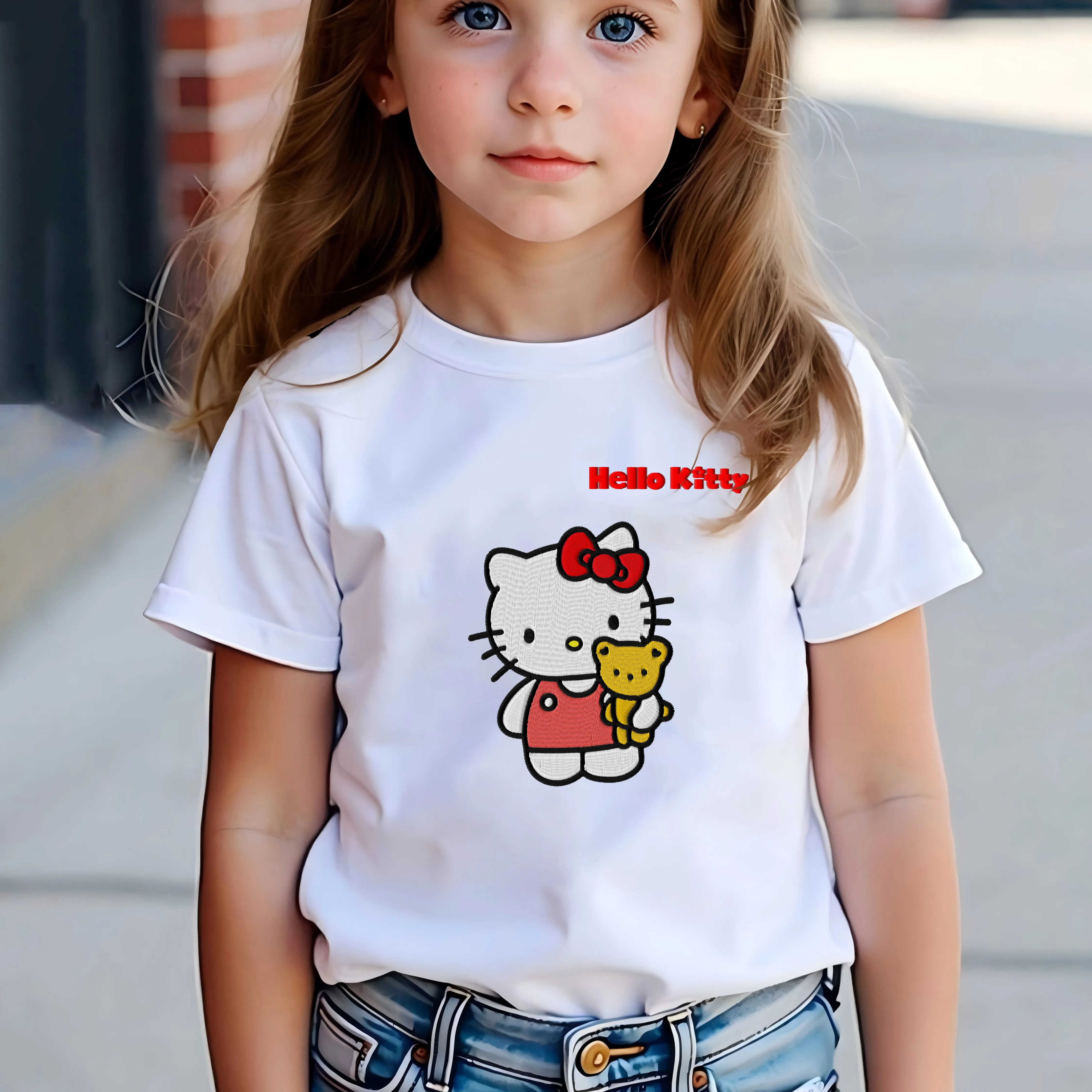 

Texture Embroidery Hello Kitty Children Top T-shirt 2025 Kids Clothes Pure Cotton Girl Summer Clothing Girls Girls' Top Mother