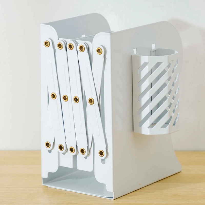 Estante ajustável de mesa expansível livro fichário metal criativo estante telescópica com suporte de caneta destacável