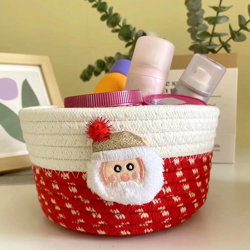 Cartoon Santa Claus Candy Baskets Handmade Woven Cotton Rope Storage Basket Trick Or Treat Christmas Tree Key Cosmetic Organizer