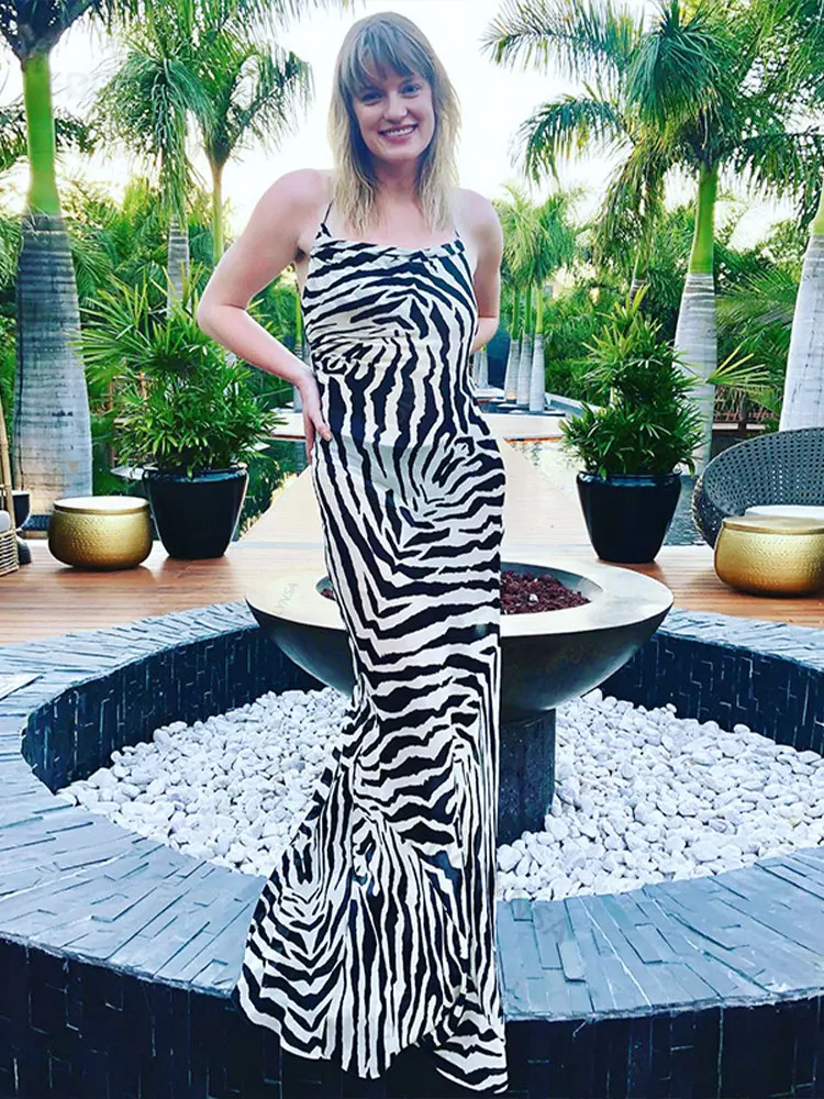 2024 Sexy Zebra Pattern Spaghetti Strap Side Split Back Open Long Beach Dress Summer Women Beach Wear Swim Suit Cover Up A1144