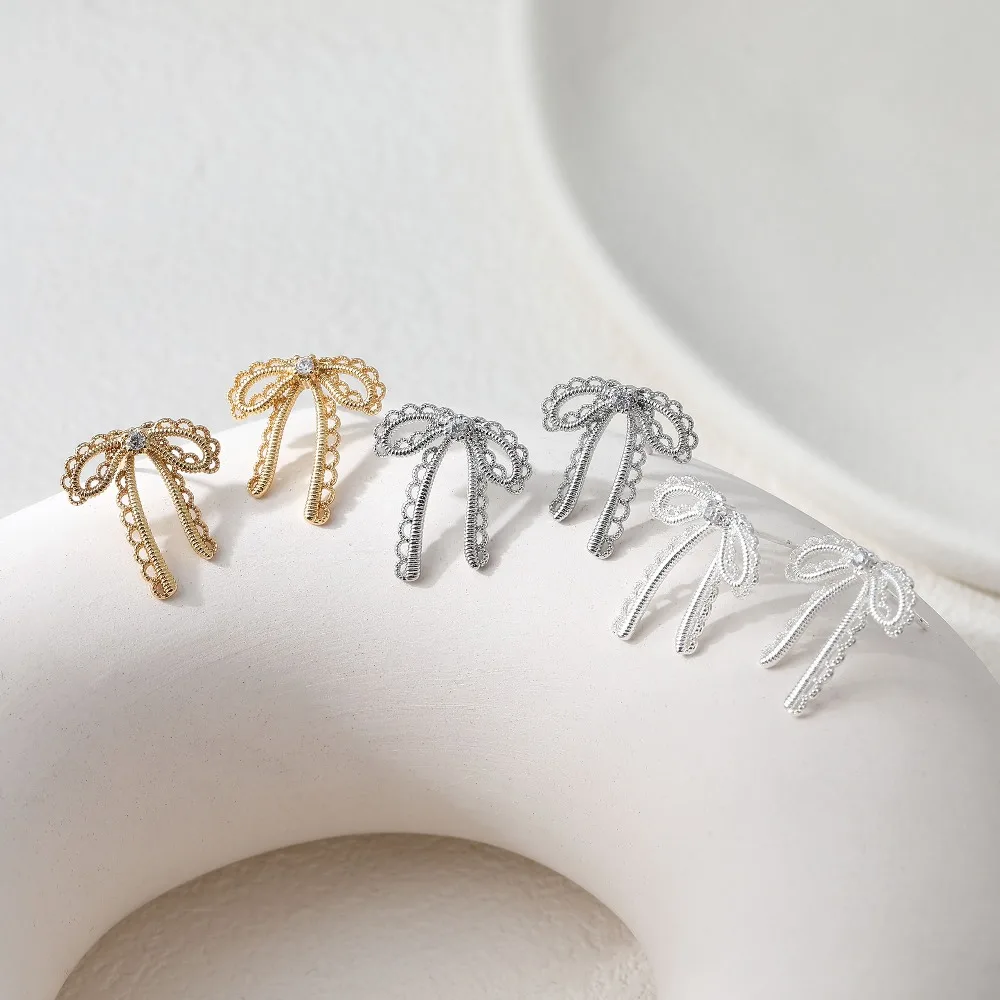 4PCS Dainty Bow Ear Studs for Jewelry Making Earrings Components Findings DIY Brass 14k Gold Plated Accessories 20*17mm
