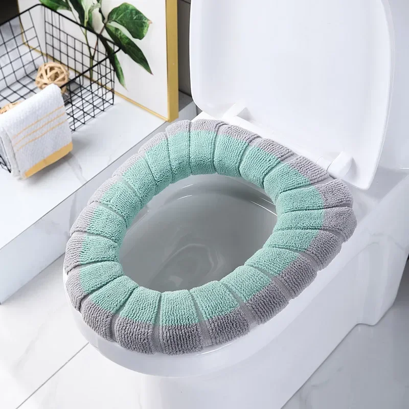 1 Pack Stitched Color Portable Knitted Toilet Mat Thickened Washable Antifreeze Toilet Cover Thickened Knitted O Type Universal