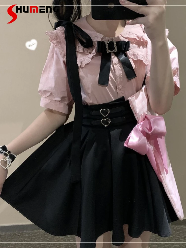 

Japanese Mine Style Lace Lolita Flare Sleep Doll Collar Blouse Sweet Cool Heart Buckle High Waist Pleated Suspender Dress Women