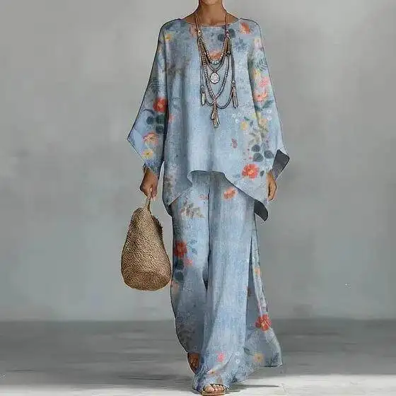Fashionable Loose Batwing Sleeve Top And Wide Leg Pants Two Piece Set Women's Cross-Border Summer Outfit Cleanfit Style PVC M...