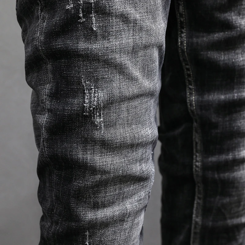 Italian Style Fashion Men Jeans Retro Black Gray Stretch Slim Fit Ripped Jeans Men Vintage Designer Casual Denim Pants Hombre