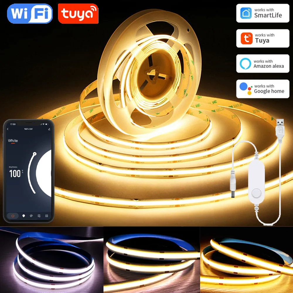 5V USB Tuya Smart WiFi COB LED Strip Light 1m-5m Warm White Flexible Dimmable Lights 320leds/m Home Decoration for Alexa Google