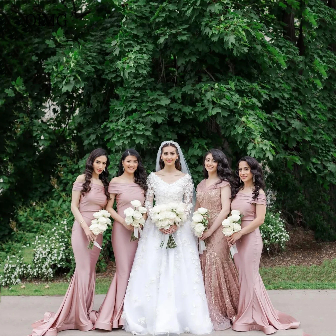 OIMG Simple Pink Mermaid Wedding Dress Off The Shoulder Bridesmaid Dresses Floor Length Wedding Gowns Customized