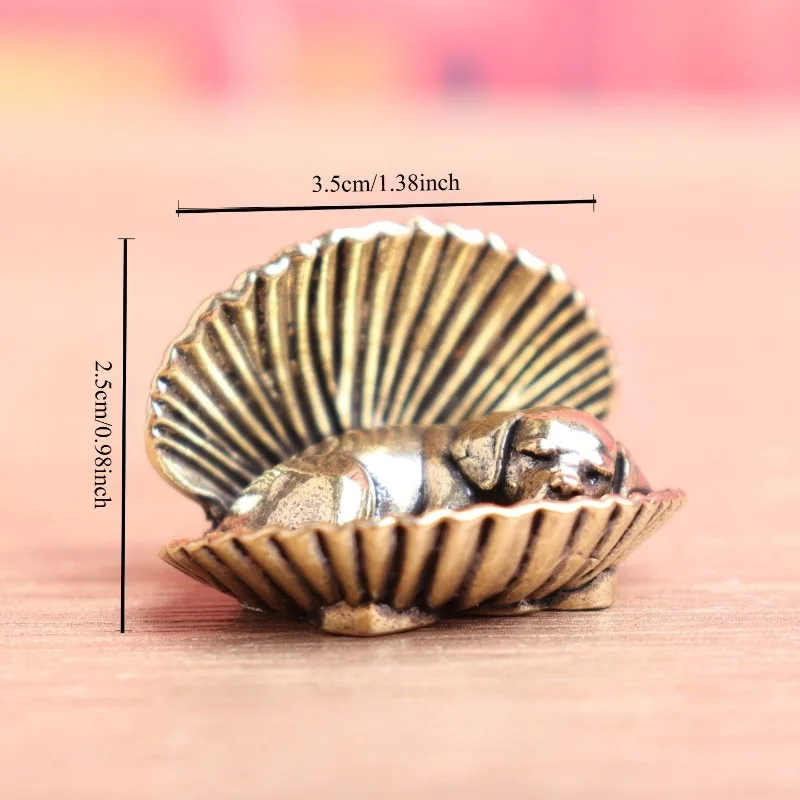 Brass Sleeping Dog in Shell Figurine Mini Animal Statue Copper Desktop Ornament Tea Pet Home Office Decor Collectible Craft Gift