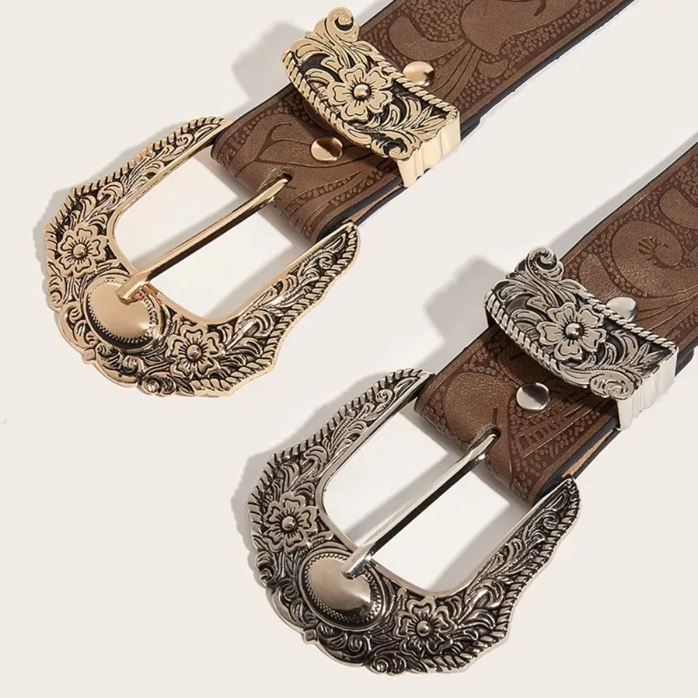 Ikat Pinggang Kulit PU Antik Mewah Y2k dengan Sabuk Gesper Pin Gesper Berukir Logam Sabuk Pinggang Cowgirl Serbaguna