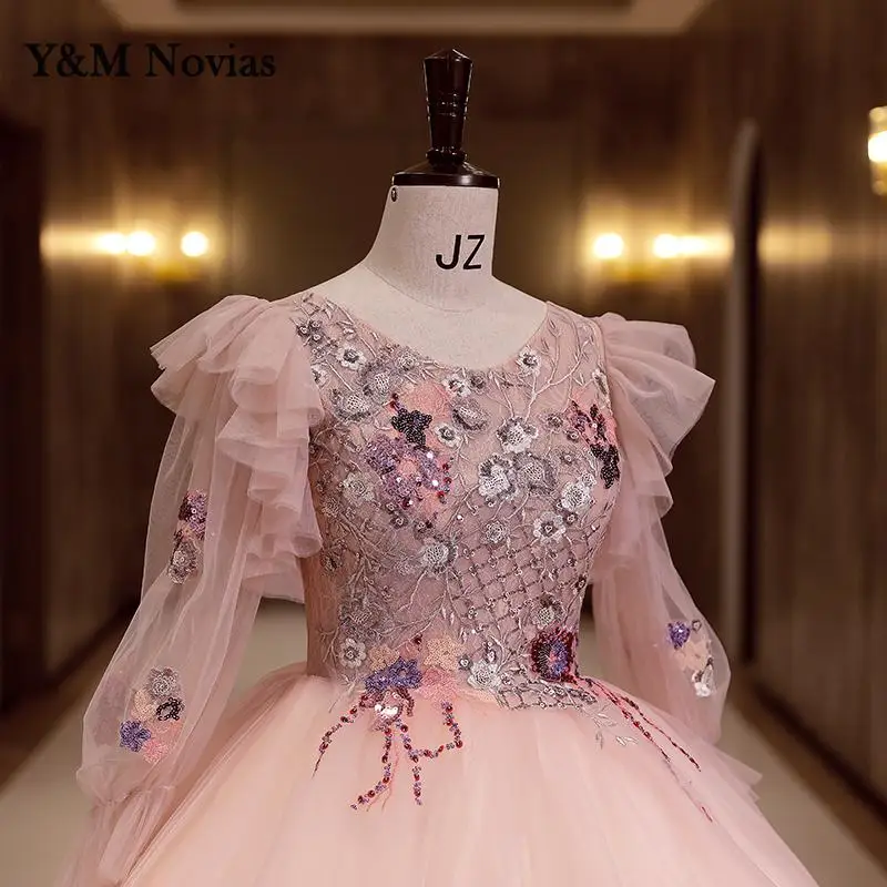 Y & m novias quinceanera vestido de manga longa novo vestido de festa doce o pescoço vestido de baile elegante floral impressão vestidos vestido foto real