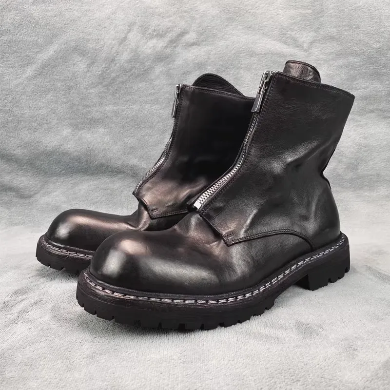 British Men Shoes Front Zipper Vintage Genuine Leather Motorcycle Boots Outdoor Hiking Women Work Boots Luxury Chelsea Boots