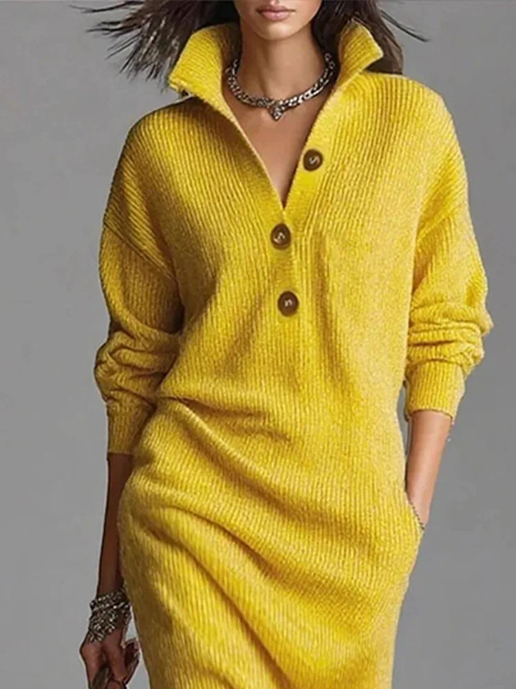 Mode Revers Kragen Solide Pullover Kleid Frauen Elegante Taste Rippen Lose Midi Kleid Casual Langarm Tasche Gestrickte Kleider