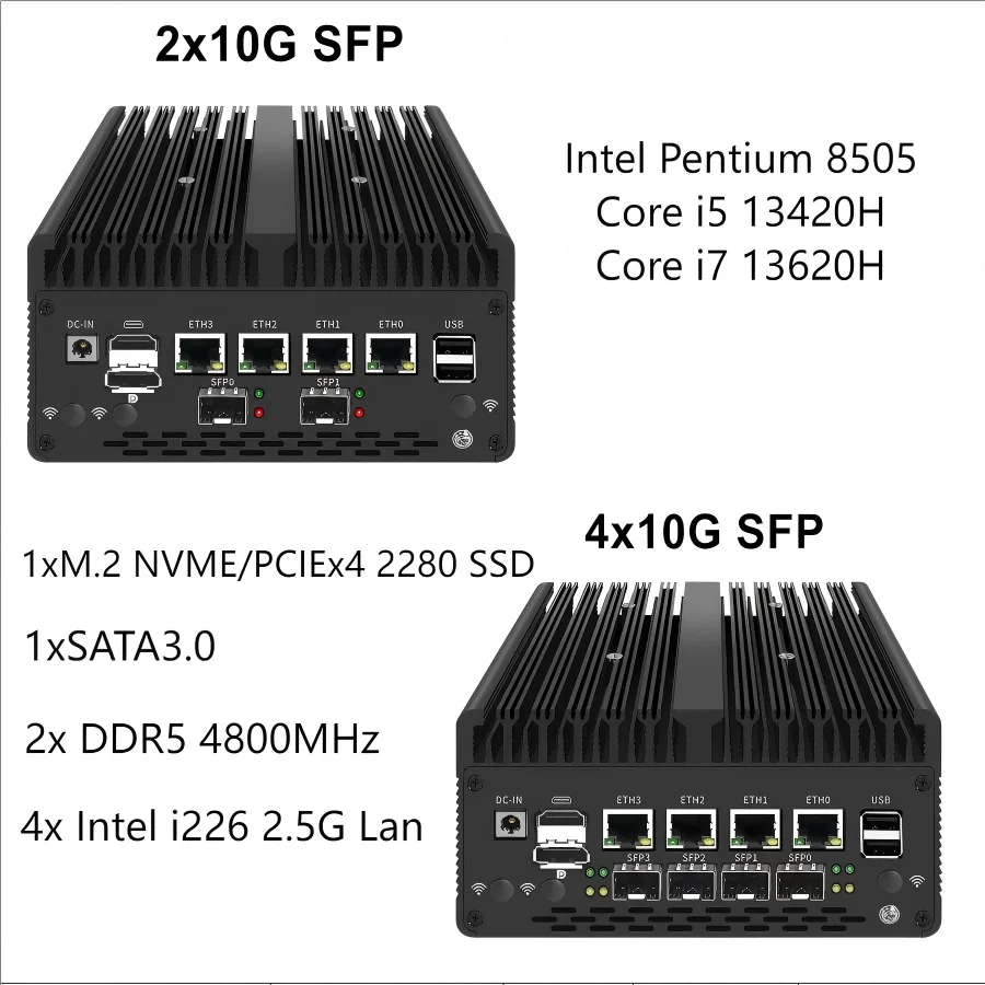 Computador firewall industrial incorporado 2*10g ou 4*10g sfp core i7 13620h 8505u fanless 4x2.5g lan escritório em casa mini servidor host 5g