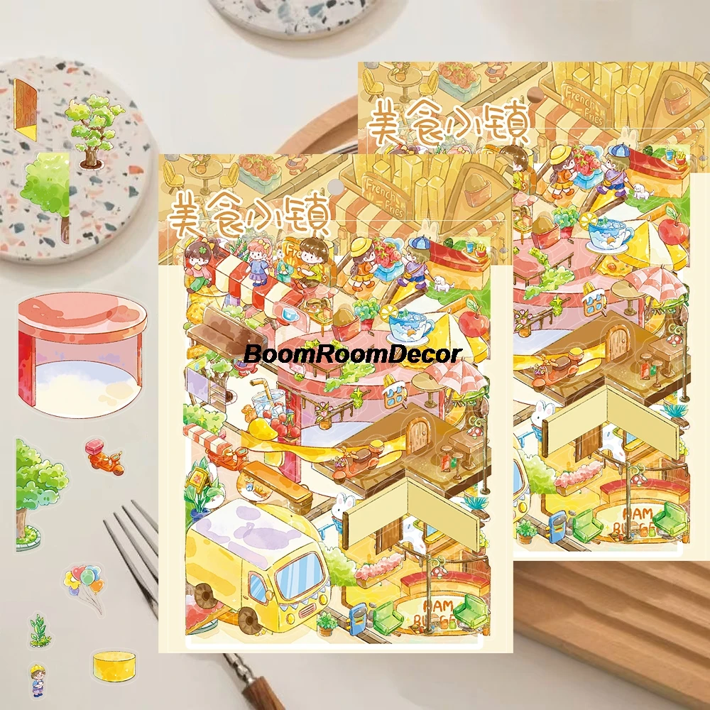 4 Uds. Pegatinas de paisajismo 3D de ciudad Gourmet, graduación viva, monopatín, portátil, equipaje, imagen artística de dibujos animados, pegatina personalizada