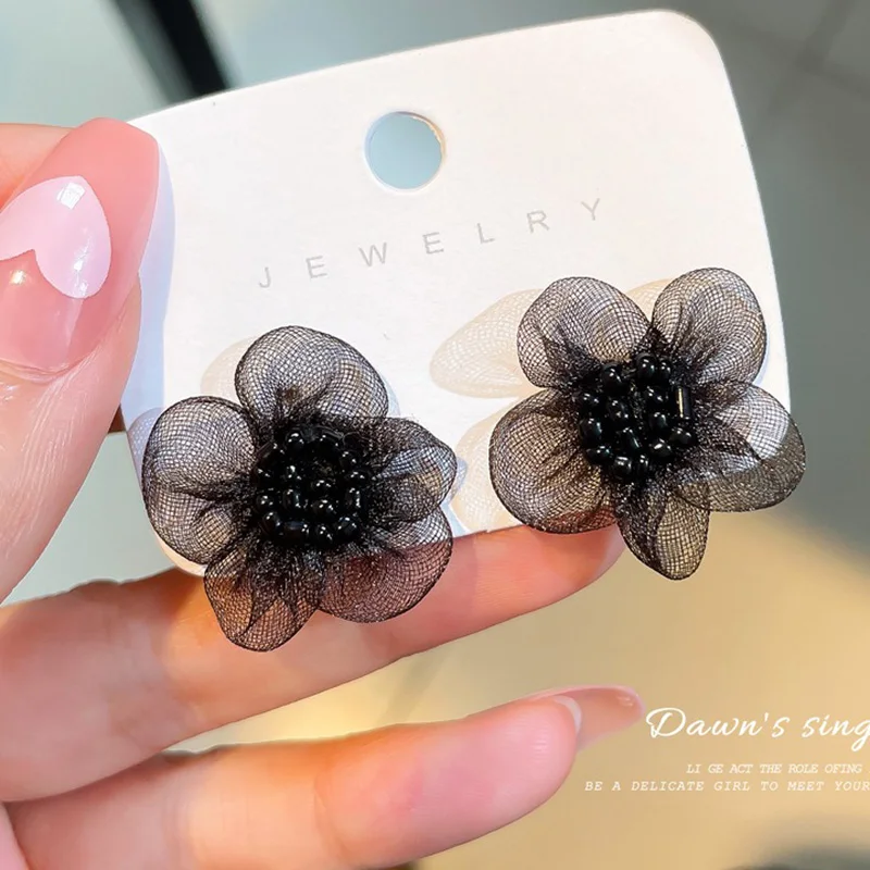 Black Dominated 2022 Fashion Crystal Temperament hyperbole Women Stud  earrings Contracted lace Flower long earrings