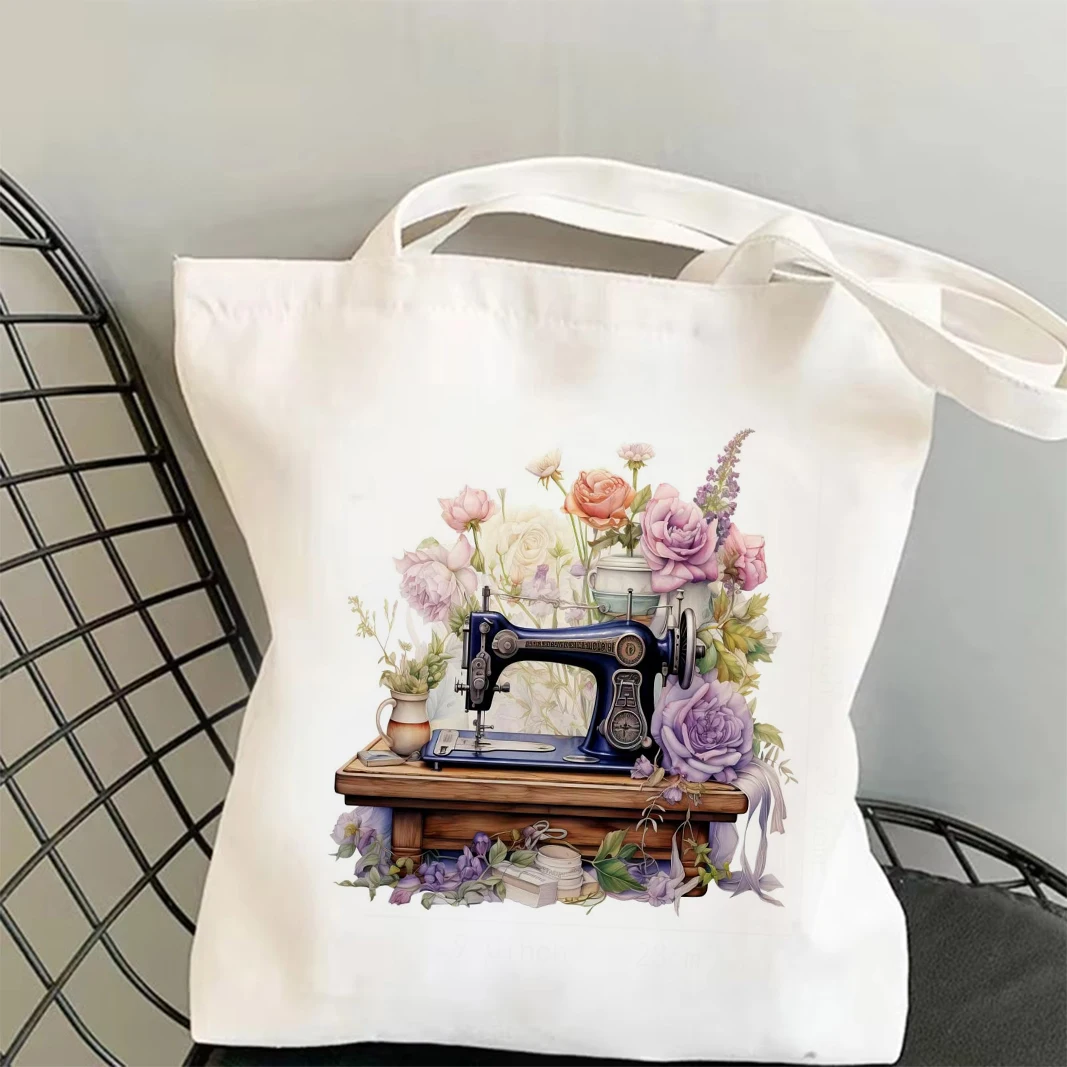 ماكينة خياطة ريترو وحقيبة حمل قماشية بتصميم زهور حقيبة عصرية وعملية للتنقل اليومي والتسوق والدراسة هدية