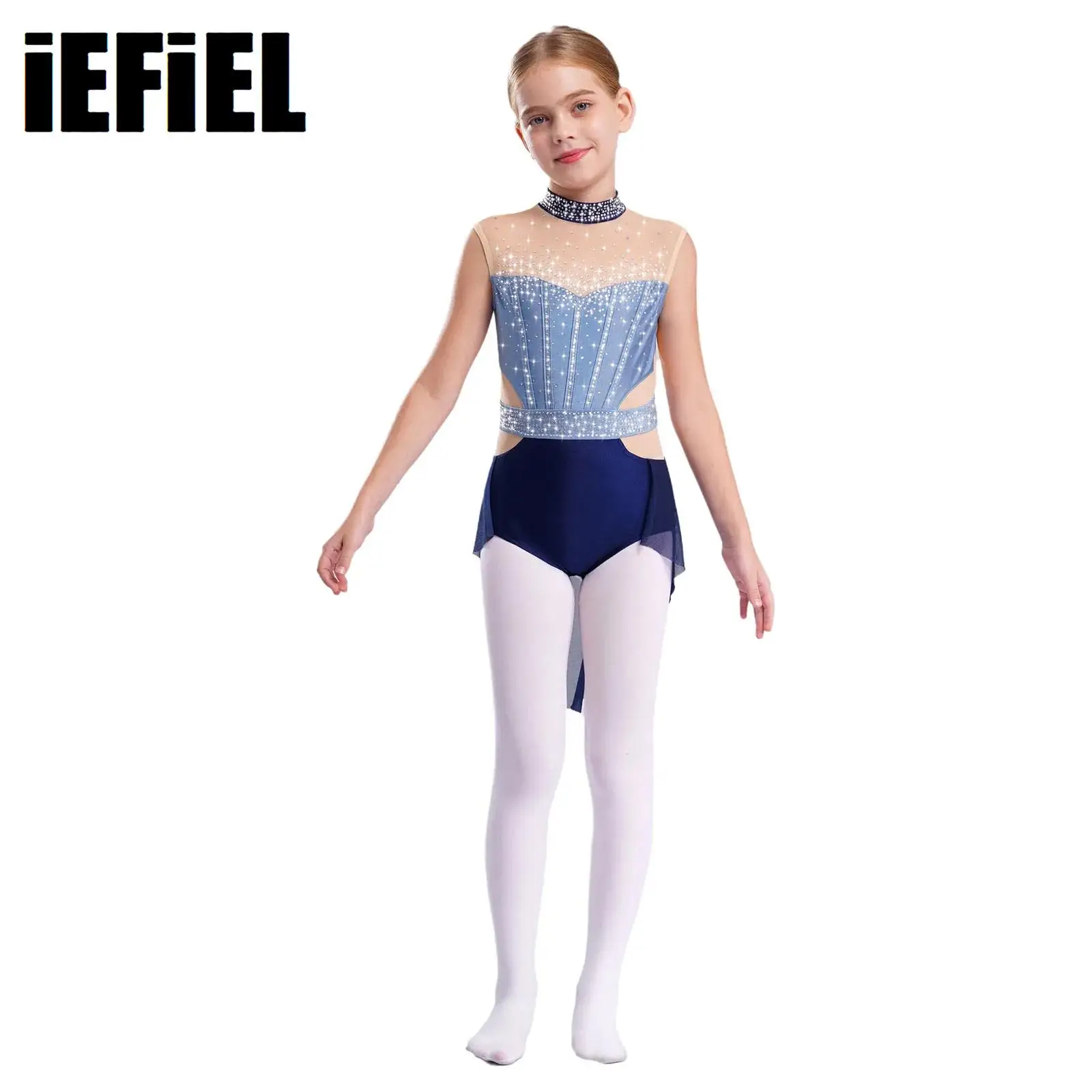

Kids Girls Lyrical Dance Skirted Leotard Mock Neck Sleeveless Shiny Rhinestones Color Block Mesh Patchwork Costume